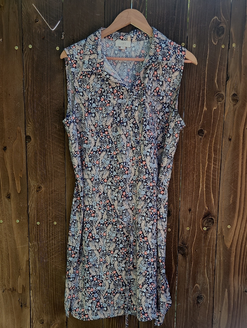 Sleeveless Floral Shirt Dress - Navy with Coral Accents Loft Outlet